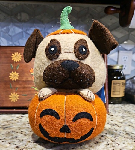 Halloween pug wool plush - wool, 11”